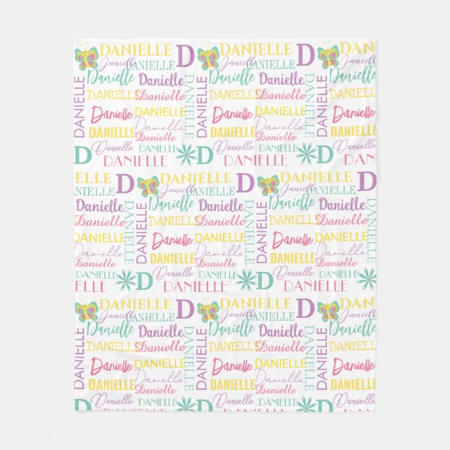 Floral Summer Butterfly Name und Monogramm Muster Fleecedecke (Vorderseite)