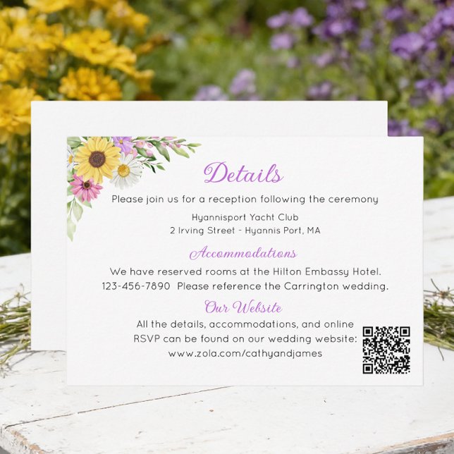 Floral Sunflower Daisy Garden Wedding Details Begleitkarte (Von Creator hochgeladen)