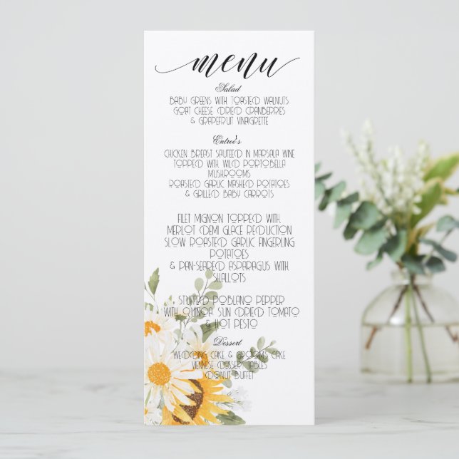 Floral Sunflower & Daisy Menu Programm (Stehend Vorderseite)