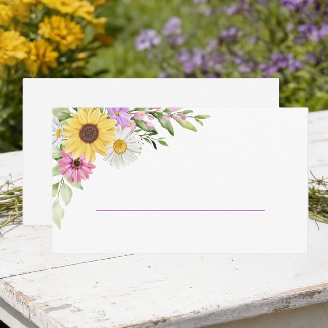 Floral Sunflower Daisy Purple Wildflower Wedding Platzkarte (Von Creator hochgeladen)