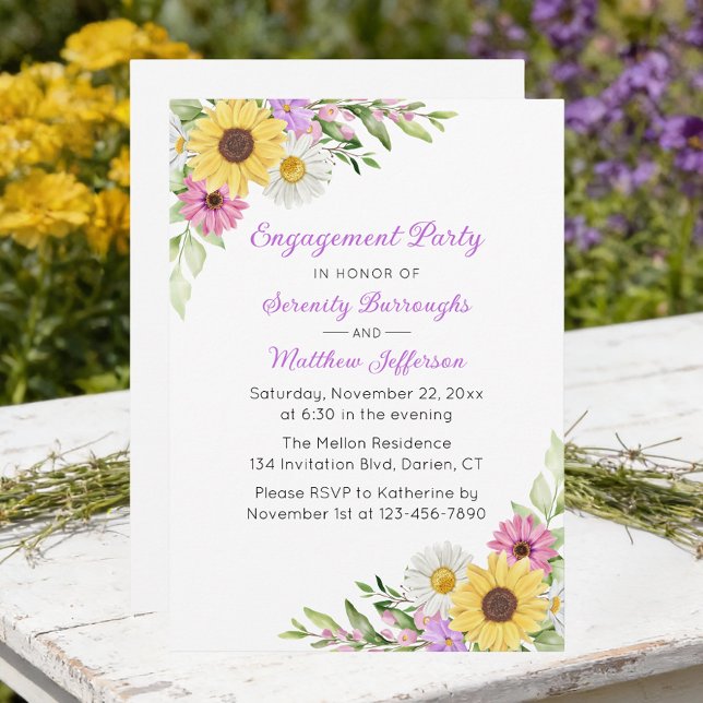 Floral Sunflower Daisy Wildflower Engagement Party Einladung (Von Creator hochgeladen)