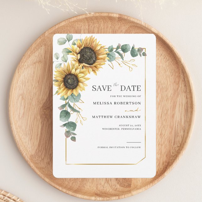 Floral Sunflower Eucalyptus Greenery Save The Date (Sunflower Eucalyptus Watercolor Wedding Save the Date Card)