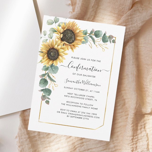 Floral Sunflower Eukalyptus Script Bestätigung Einladung (Sunflower Eucalyptus Greenery Watercolor Confirmation Vellum Invitation)