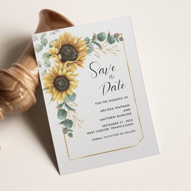 Floral Sunflower Eukalyptus Script Save The Date (Sunflower Wedding Save the Date Announcement)