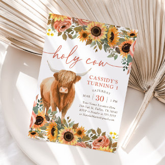 Floral Sunflower Highland Kuh Geburtstag Einladung