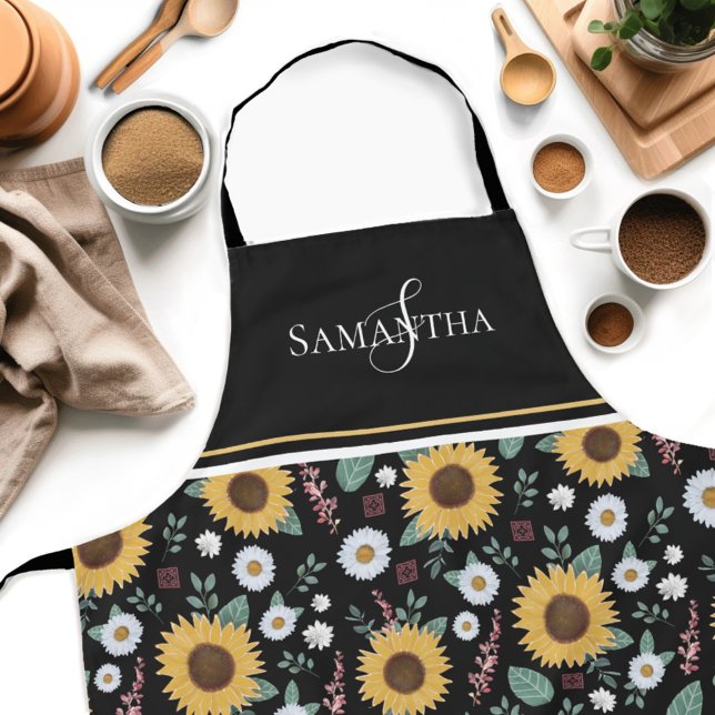 Floral Sunflower Monogram Schürze (Get creative in the kitchen with our personalized Country Sunflower Womens apron! )