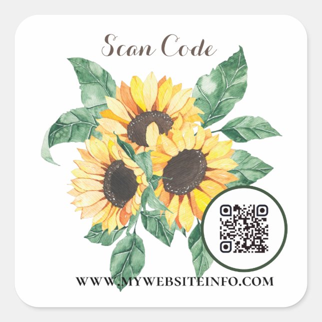 Floral Sunflower QR Code Business Square Sticker (Vorderseite)