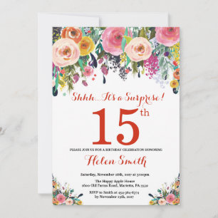 Floral Surprise 15. Geburtstagseinladung Rot Einladung