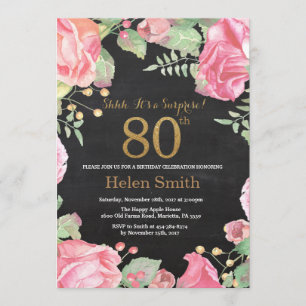 Floral Surprise 80. Geburtstag Gold Glitzer Einladung