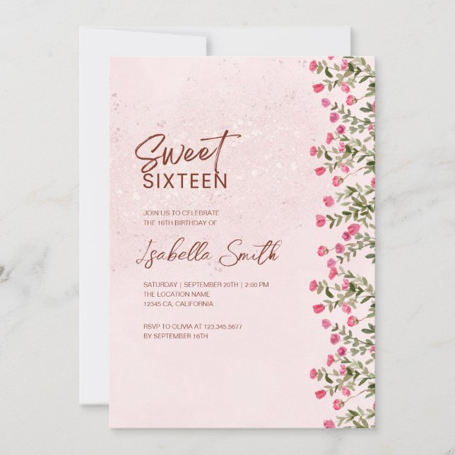 Floral Sweet 16 Party Invitation – Elegant Rustic  Einladung (Vorderseite)