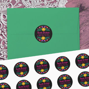 Floral Sweet Sixteen Schwarz Rosa Mexikanische Fie Runder Aufkleber