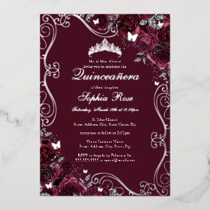 Floral Swirl Butterfly Burgundy Quinceanera Folieneinladung
