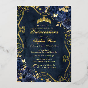 Floral Swirl Gold Navy Butterfly Quinceanera Folieneinladung