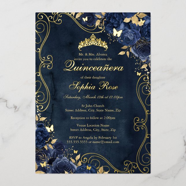 Floral Swirl Gold Navy Butterfly Quinceanera Folieneinladung (Vorderseite)