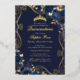 Floral Swirl Navy Gold Butterfly Quinceanera Folieneinladung