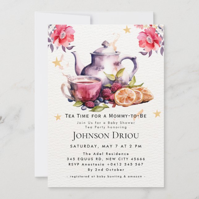 Floral Tea Party Baby Shower Invitation Einladung (Vorderseite)