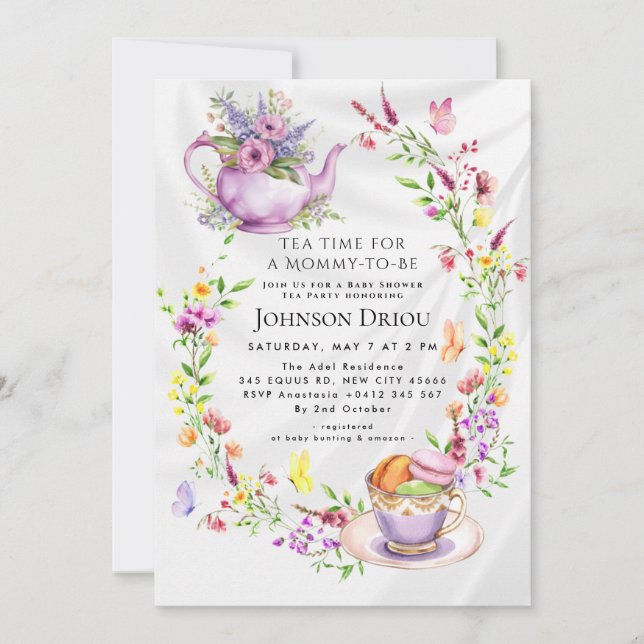 Floral Tea Party Baby Shower Invitation Einladung (Vorderseite)