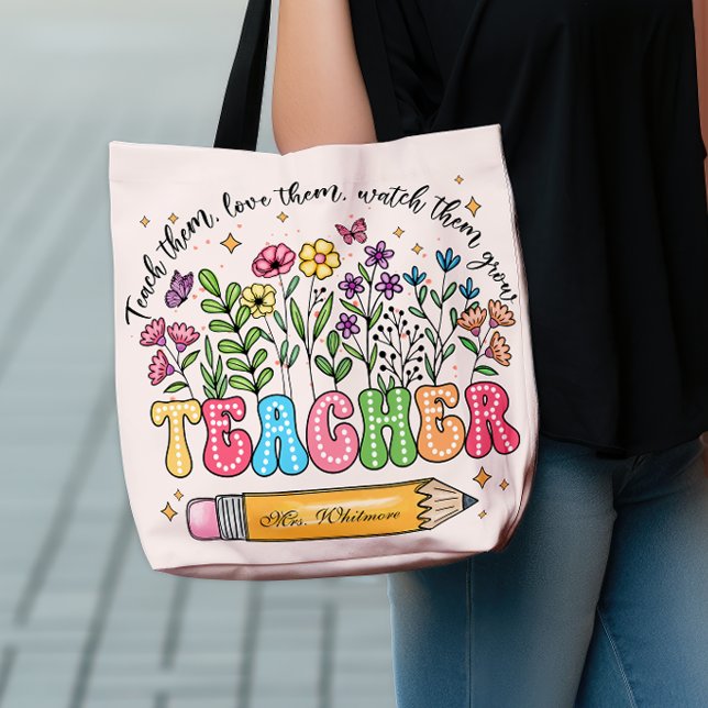 Floral Teacher Name Back to School Tragetaschen Mit Langen Trägern (Von Creator hochgeladen)