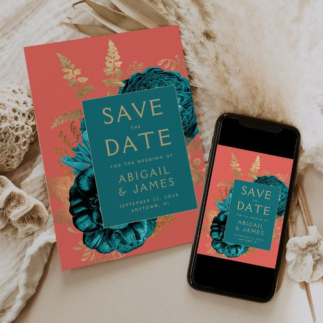Floral Teal Coral Gold Wedding Save the Date Einladung (Von Creator hochgeladen)