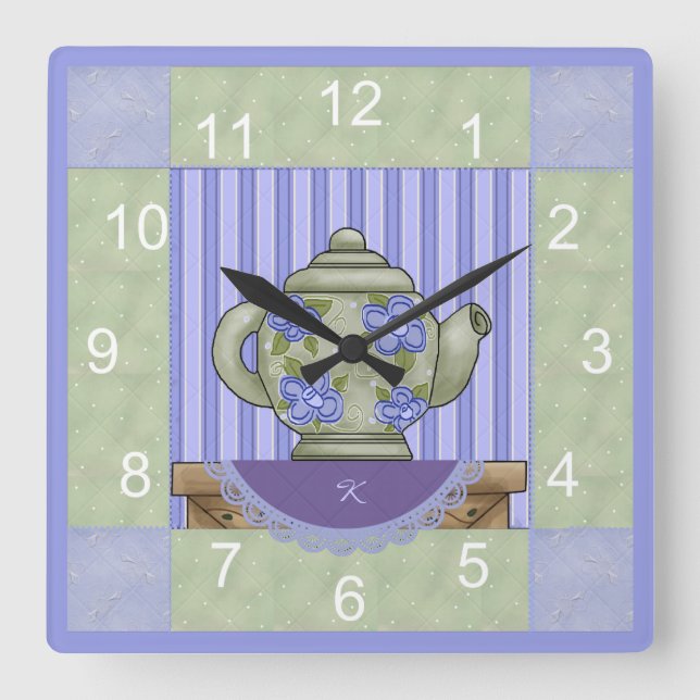 Floral Teapot Quilt Block Clock Quadratische Wanduhr (Vorderseite)