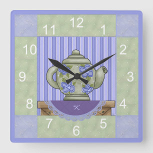 Floral Teapot Quilt Block Clock Quadratische Wanduhr