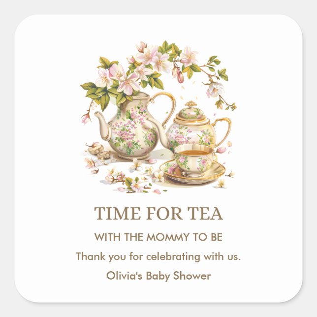 Floral Teapot Time for Tea Baby Shower  Quadratischer Aufkleber (Vorderseite)