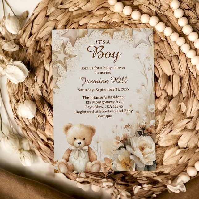 Floral Teddy Bear Es ist eine Boy Baby Dusche Einladung (Von Creator hochgeladen)