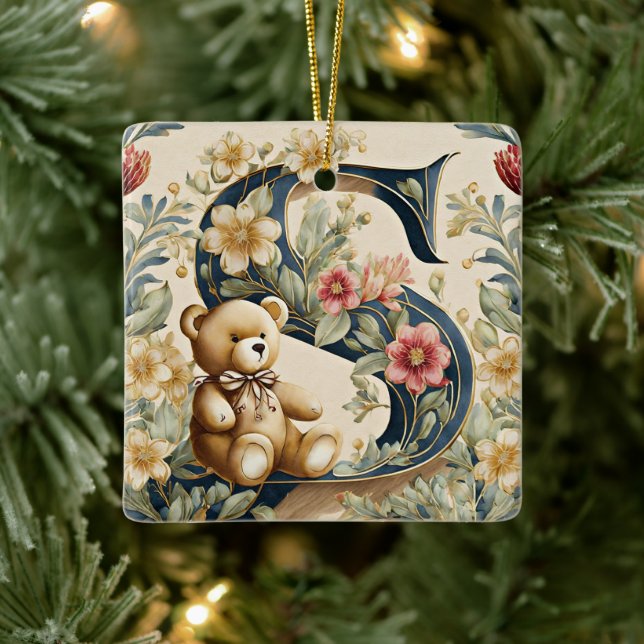 FLoral Teddy Bear Letter S Keramikornament (Baum)