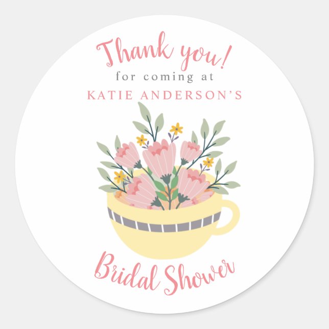Floral Tee Cup Kalligrafie Brautparty Vielen Dank Runder Aufkleber (Vorderseite)