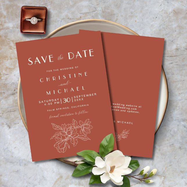 Floral Terracotta Elegante Wedding BOHO Save The Date (Floral Terracotta Elegant Wedding BOHO Save the Date Invitation with Magnolia Flowers, Website.)