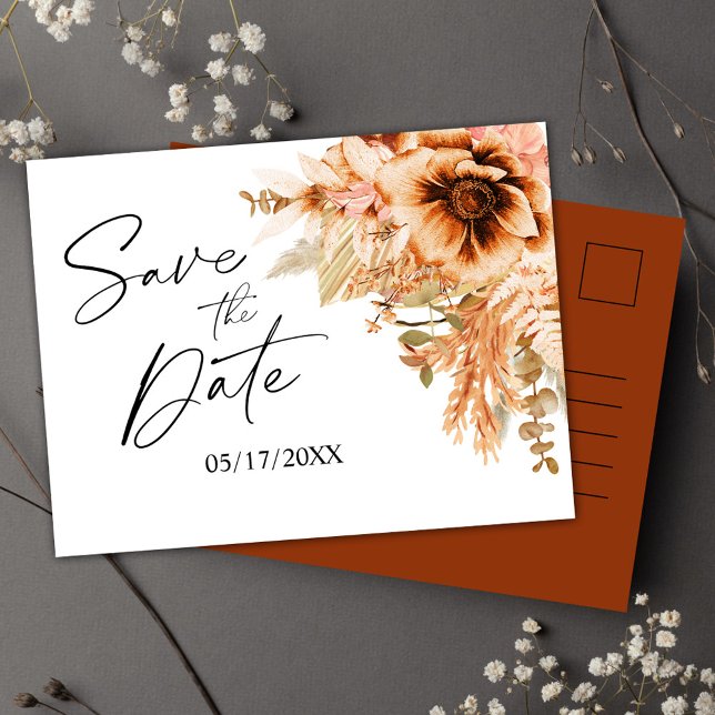 Floral Terracotta Hochzeit rettet das Datum Ankündigungspostkarte (Floral Terracotta Wedding Save The Date Announcement Postcard)
