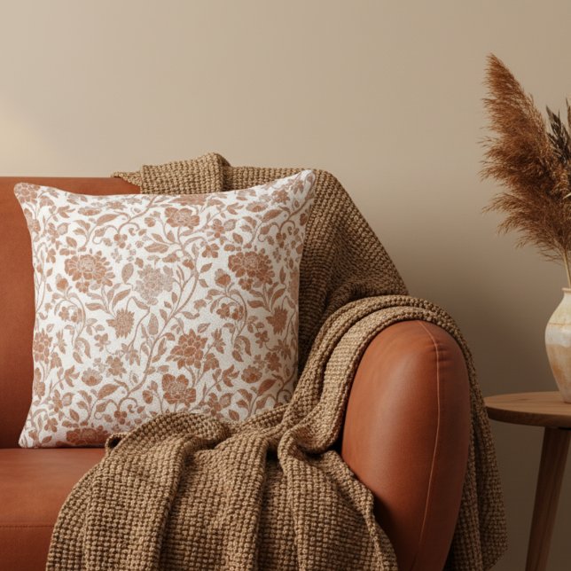 Floral Terracotta Toile Pattern Kissen ( Add a touch of rustic charm to your home with this Floral Terracotta Toile Pattern Throw Pillow! )