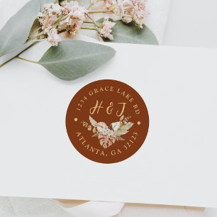 Floral Terracotta Wedding Rücksendeadresse Runder Aufkleber