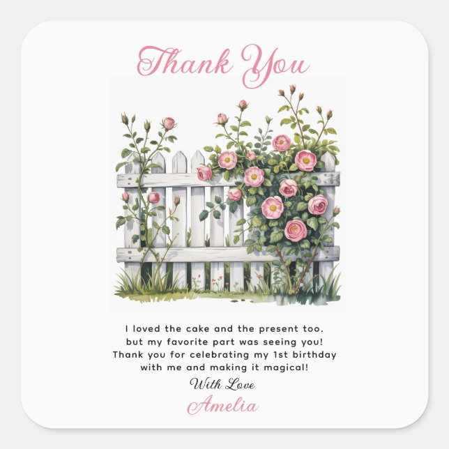 Floral Thank You Card for First Birthday  Quadratischer Aufkleber (Vorderseite)