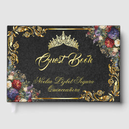 Floral, Tiara & Gold Leaves - Black Gästebuch