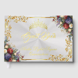 Floral, Tiara & Gold Leaves - White Pearl Gästebuch