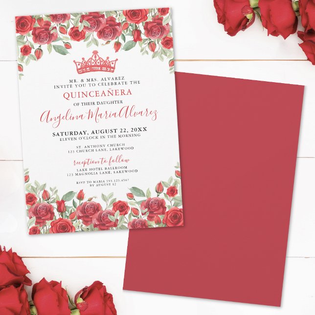 Floral Tiara Red Quinceanera Einladung (Elegant Red Roses Floral Quinceanera Invitation)