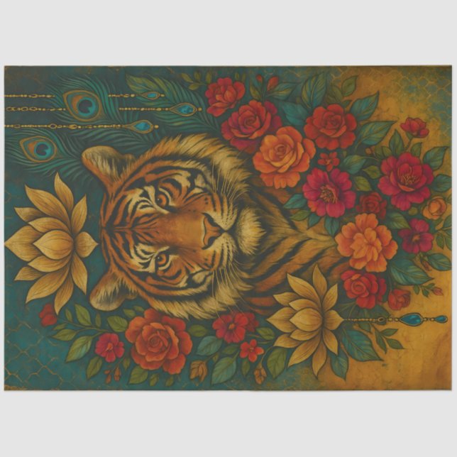 Floral Tiger Portrait – Botanical Animal Decoupage Seidenpapier (Vorderseite)