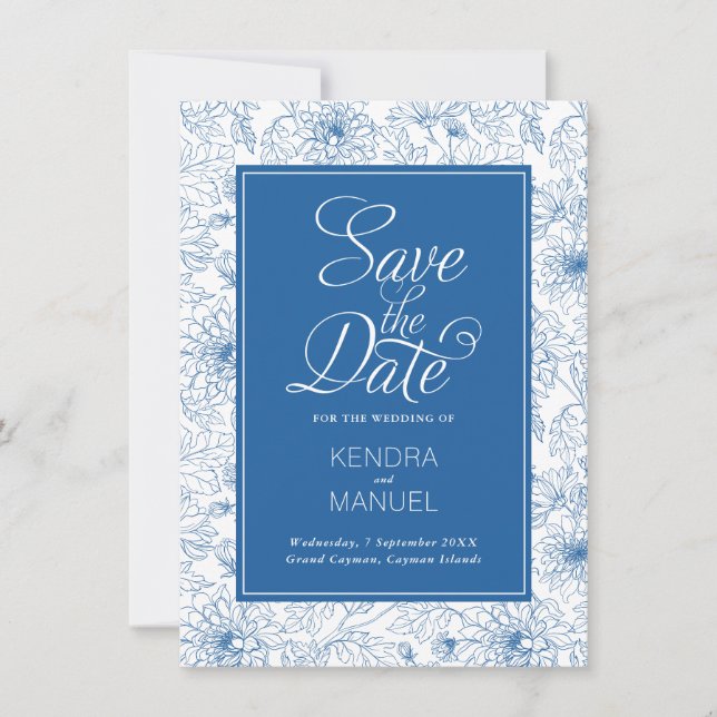 Floral Toile French Blue Chinoiserie Wedding Save The Date (Vorderseite)