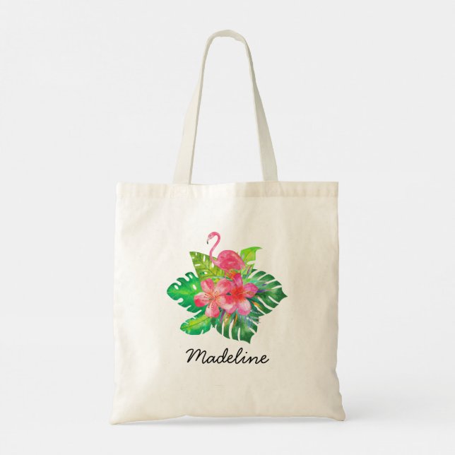 Floral Tropical Flamingo Monogram Tragetasche (Rückseite)