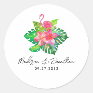 Floral Tropical Paradise Flamingo Wedding Runder Aufkleber