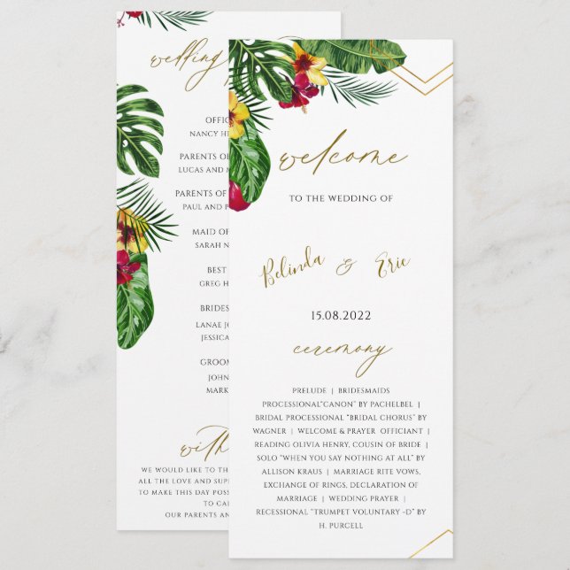Floral Tropical Wedding Flat Program Programm (Vorne/Hinten)