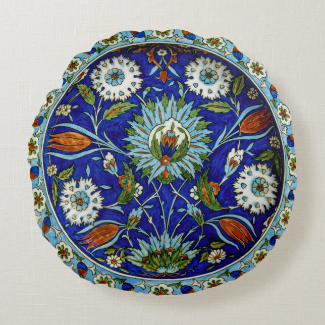 Floral Tulip Motif Iznik Türkisches Muster Rundes Kissen (Vorderseite)
