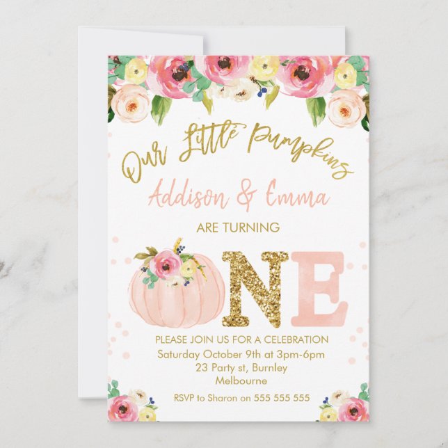  Floral Twins Unser kleiner Pumpkin Geburtstag Einladung (Vorderseite)