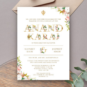 Floral Typografie White Anand Karaj Sikh Wedding Einladung