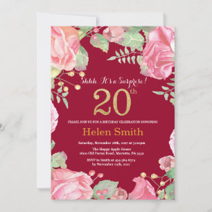Floral Überraschung 20. Geburtstag Gold Burgundy R Einladung