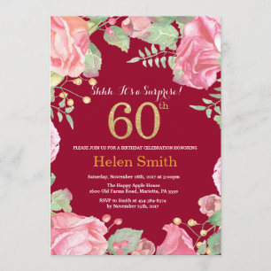 Floral Überraschung 60. Geburtstag Gold Burgundy R Einladung