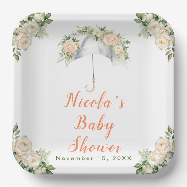 Floral Umbrella Baby Dusche Pappteller (Vorderseite)