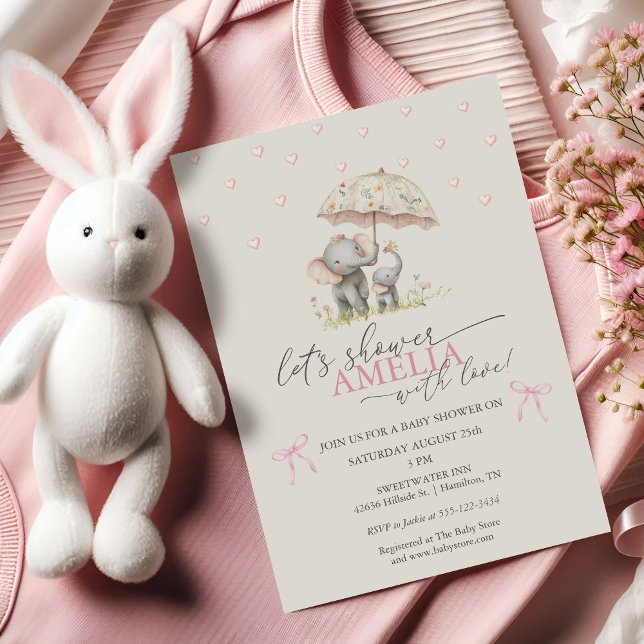 Floral Umbrella Elephant Baby Girl Shower Einladung (Floral Umbrella Elephant Baby Girl Shower Invitation)