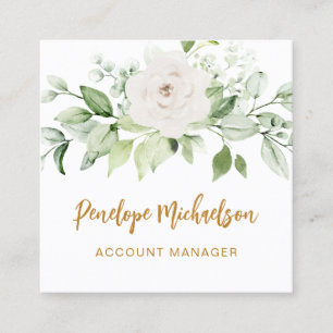 Floral und Greenery Gold Script mit QR Code White Quadratische Visitenkarte